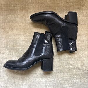 Croc-Embossed Black Block Heel Chelsea Booties